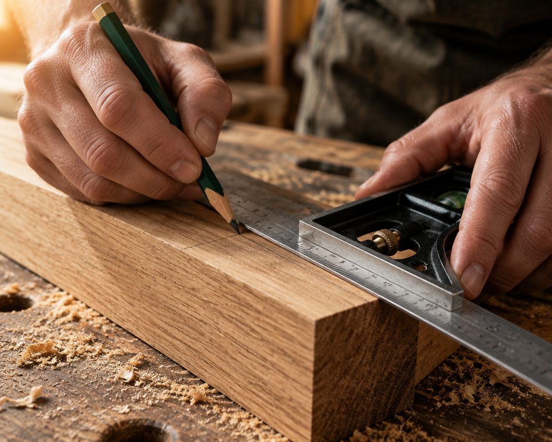 Marking oak timber with a pencil and combination square