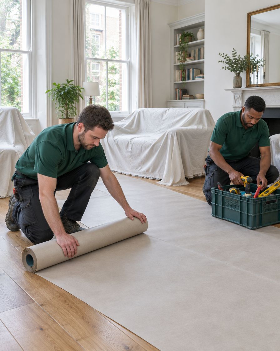 Two FIXWELL team members protecting floors and organising tools before work begins