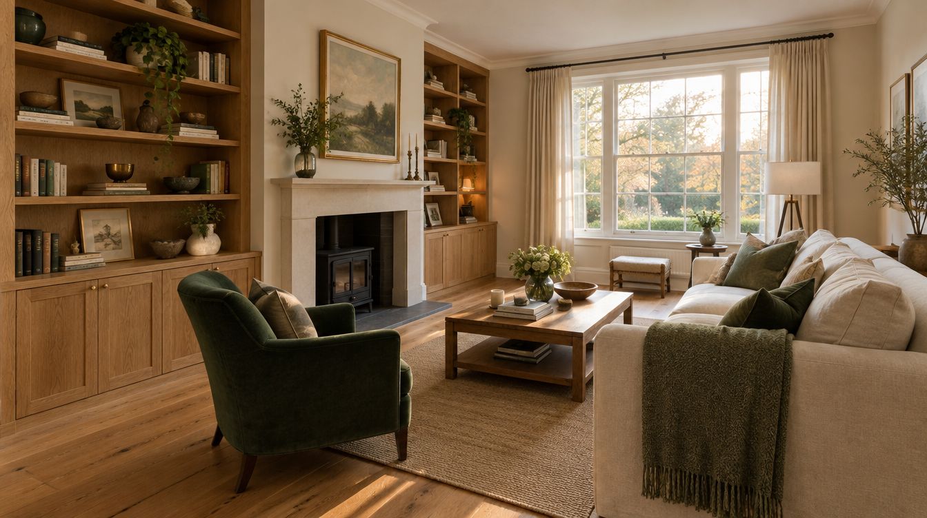 Renovated living room with built-in oak cabinetry and freshly painted walls